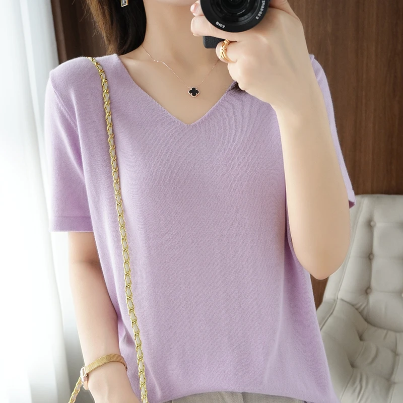 

Women's T-shirt Summer New 100% Cotton T-shirt Casual Solid Color Knitted Short sleeved V-neck Pullover Loose Top Fashion Sweate