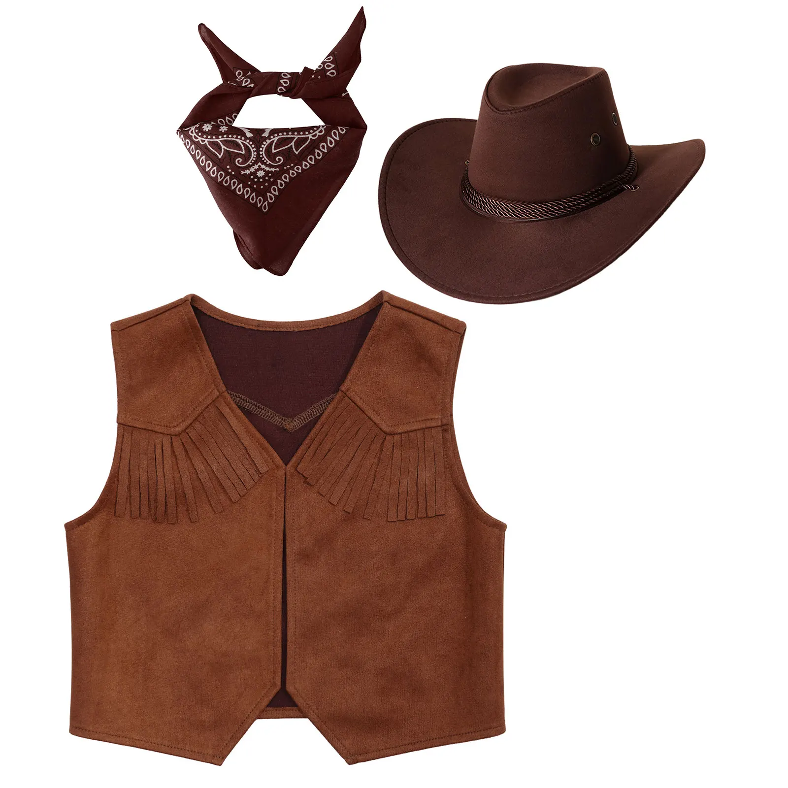 Kinder 3 Stück Cowboy Cowgirl Kostüm braune Fransen Weste Paisley Kopftuch und Cowboyhut Set für Halloween Karneval Party Dress Up