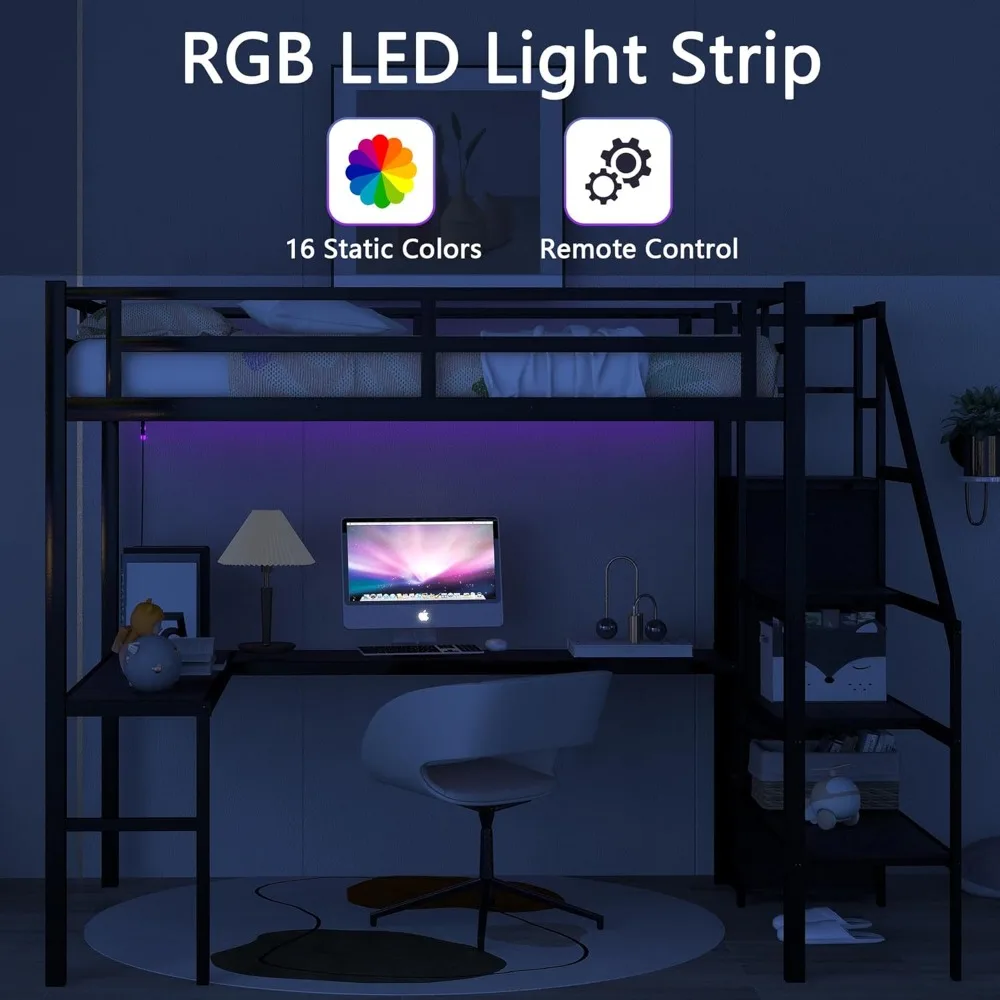 Lit loft pleine grandeur avec bureau, escalier de rangement et armoire, lit loft complet avec station de charge et lumière LED RVB, lit loft en métal