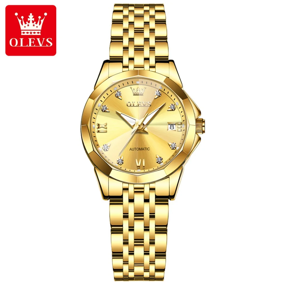 OLEVS 9982 Women's Watches Steel Strap Automatic Mechanical Wristwatch Top Luxury Elegant Rhombus Mirror Diamond Ladies Watches