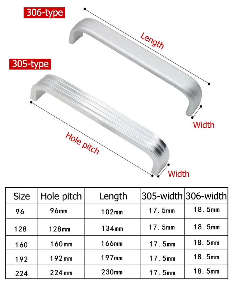 2pcs Length 96 128 160 192 224mm 305/306-Type Cabinet Handle Kitchen Handle Drawer Knob Aluminum Alloy Wardrobe Door Handles