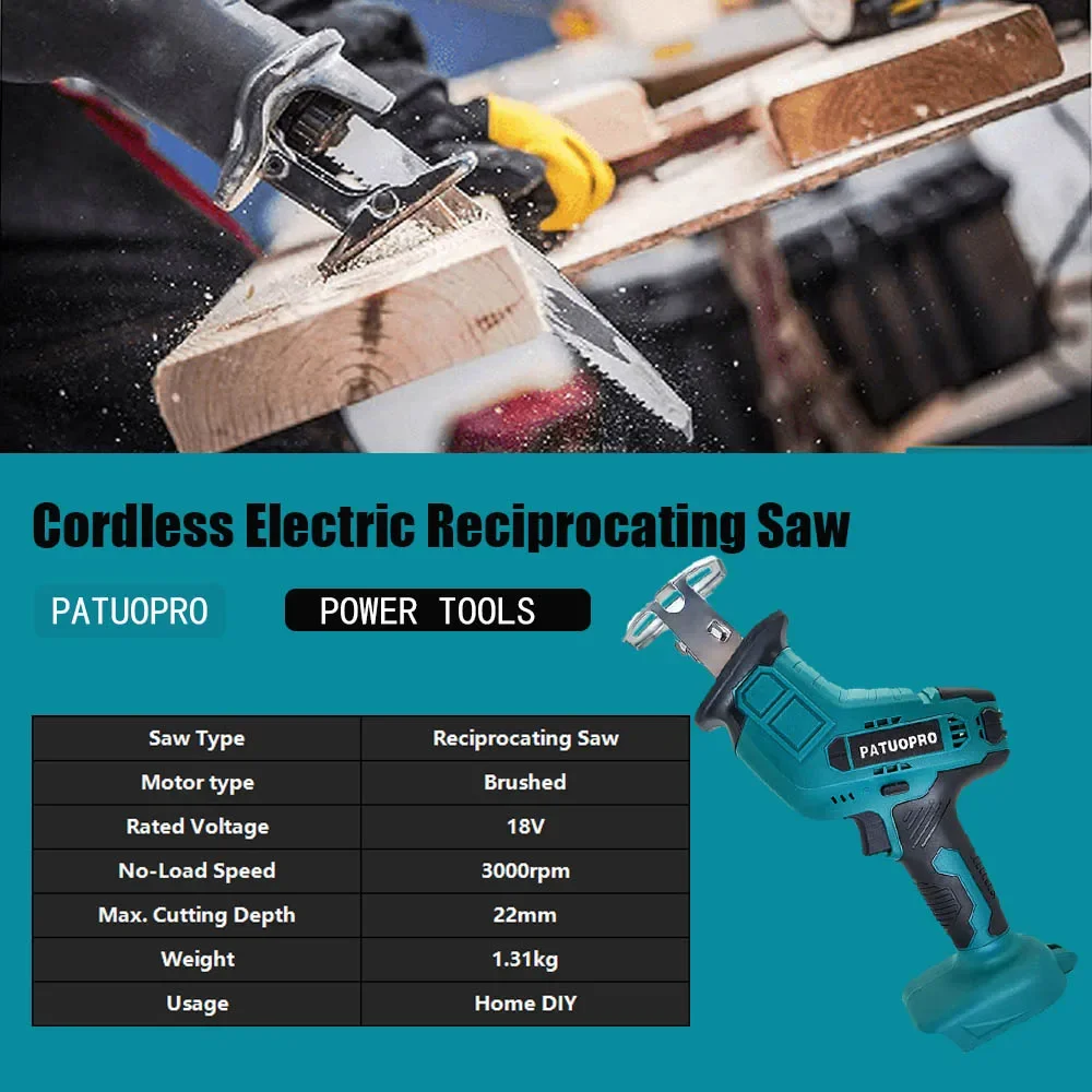 18V Cordless Electric Reciprocating Saw Adjustable Speed Cutter Wood Metal PVC Pipe Cutting Fit Makita 18v Battery (No Battery)