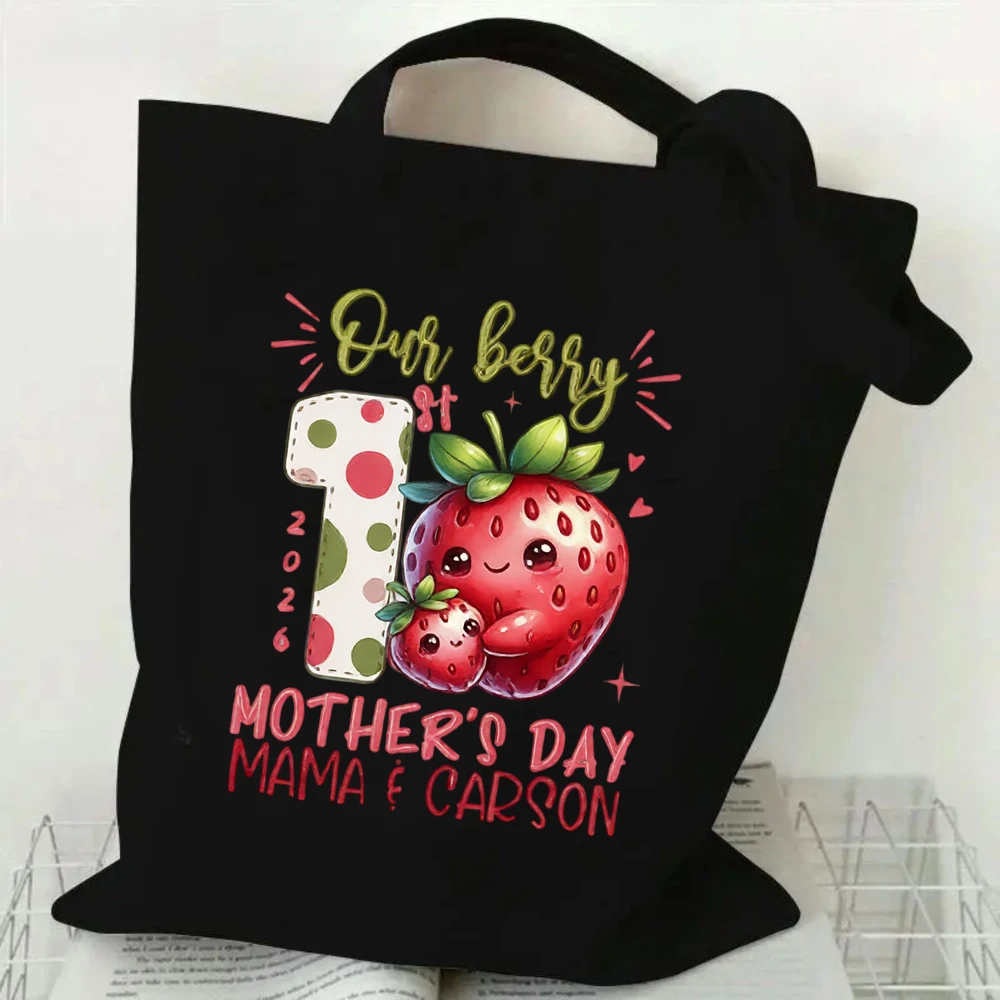 

Our Berry 1st Mother’s Day Tote Bag "Mama & Carson", Cute Strawberry Family Design, Personalized Canvas Bag