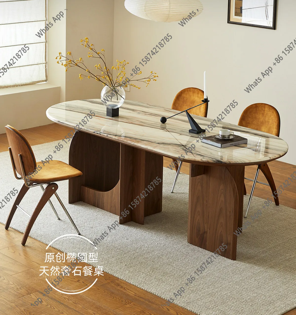 Italian marble oval dining table Rouge powder light luxury natural luxury stone villa large apartment dining table