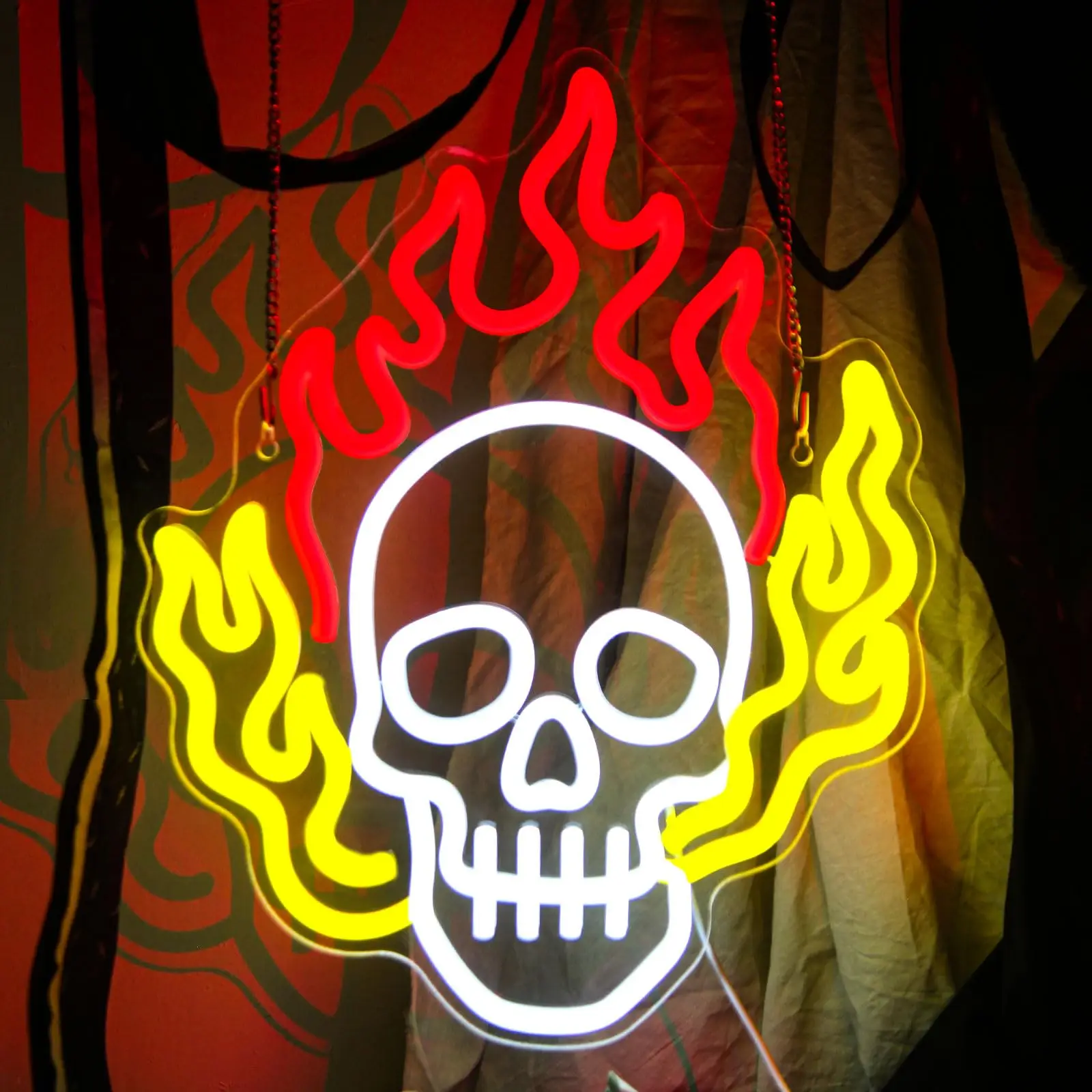 Dimmable Skull Neon Sign - USB LED Light | Ideal for Bedroom, Man Cave, Club, Game Room | Scary Skull Fire Design for Halloween