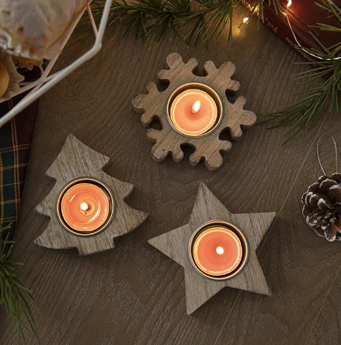 1 Set Christmas Wooden Candle Holder Crafts Christmas Tree Five Pointed Star Snowflake Candlestick Desktop Holiday Decoration