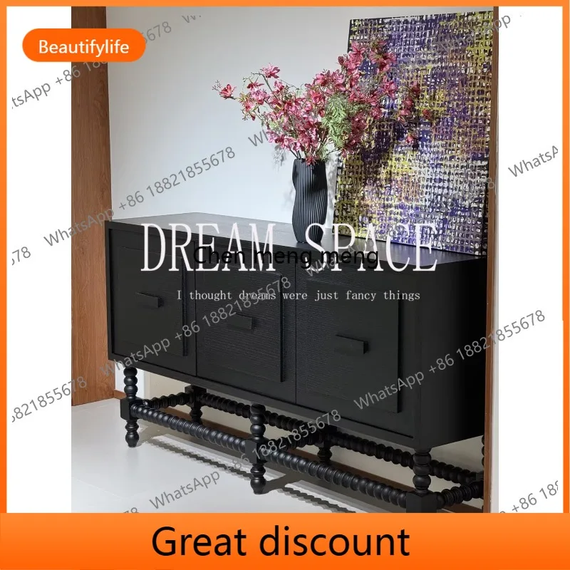 

6239 Французский средневековый черный обеденный боковой шкаф из цельного дерева, шкаф на крыльце, резной 3 двери, бытовой шкафчик