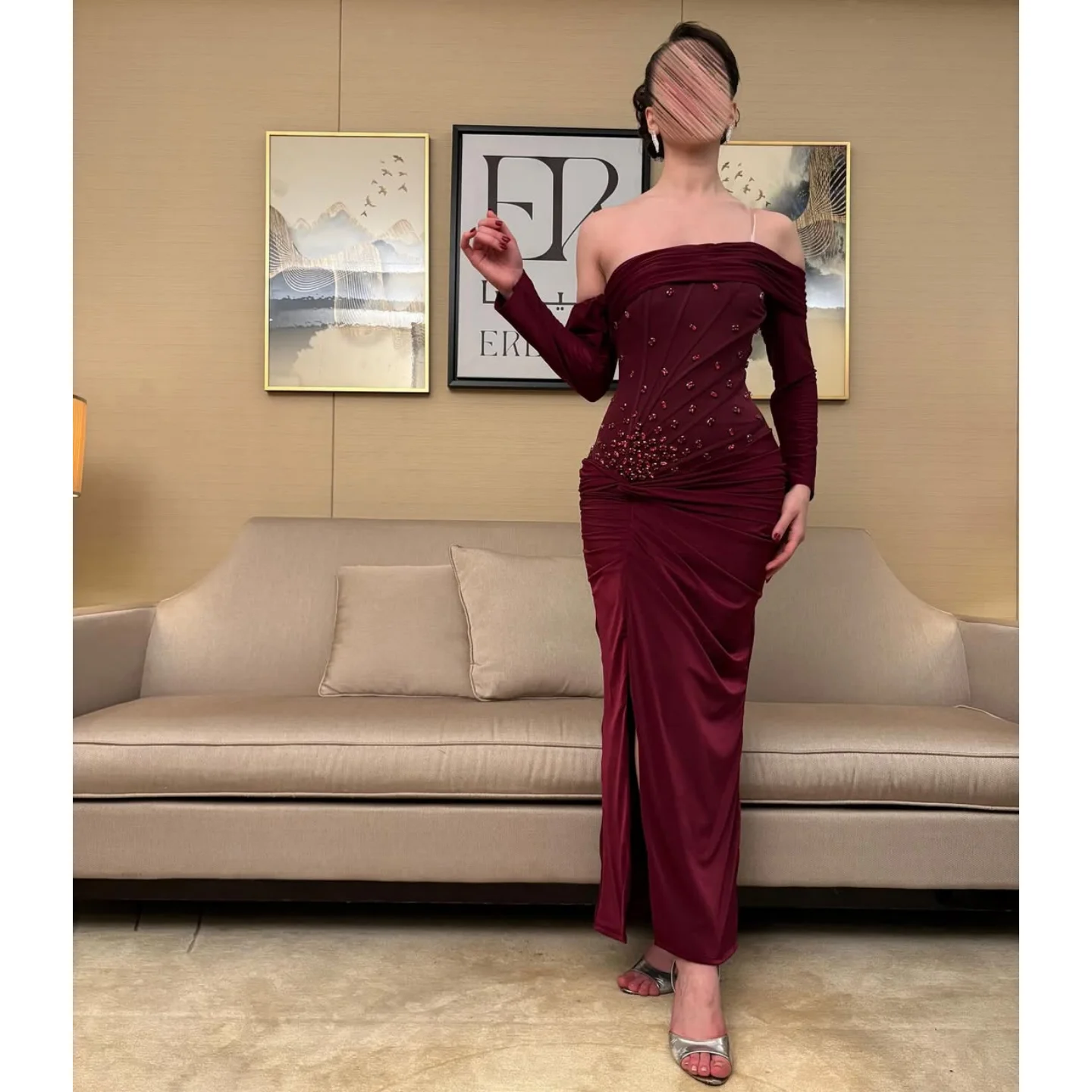 Новое бордовое платье для выпускного вечера с открытыми плечами, облегающее вечернее платье из бисера, женское тонкое платье с разрезом и длинным рукавом, официальное свадебное платье для гостей по индивидуальному заказу