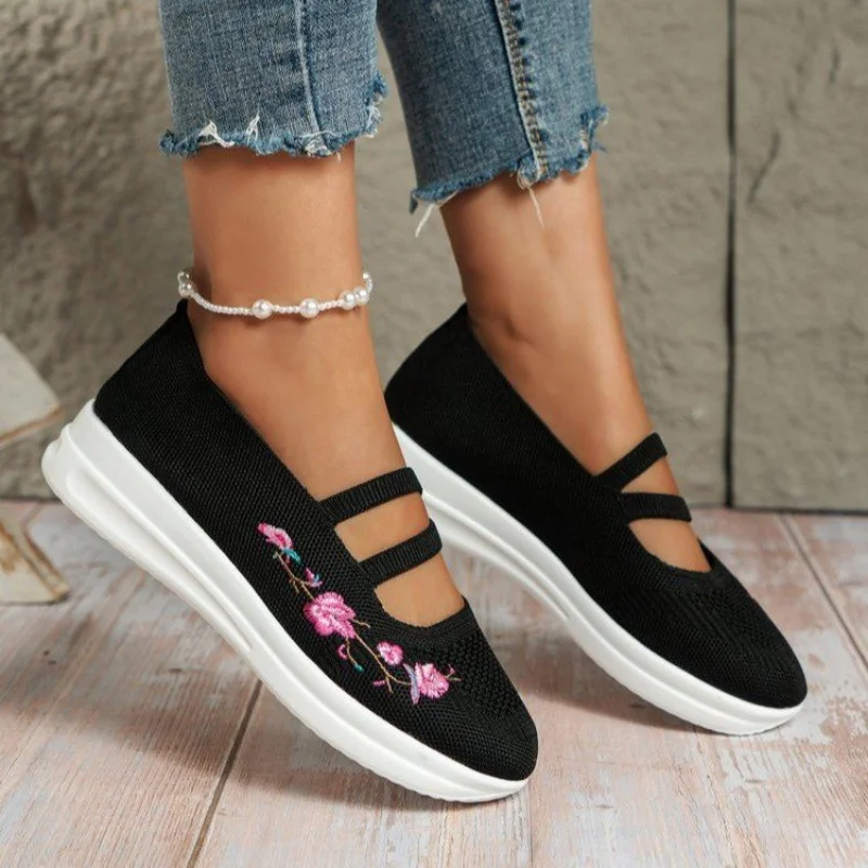 Tênis de plataforma leve para mulheres, sapatos de malha respirável, tênis florais, macios, confortáveis, sólidos, na moda, plus size, 35-43, 2023