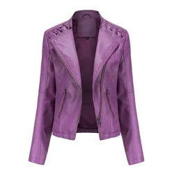 Blouson d'automne en cuir PU femme, slim, col rabattu, court, avec fermeture éclair, pour moto, 2023