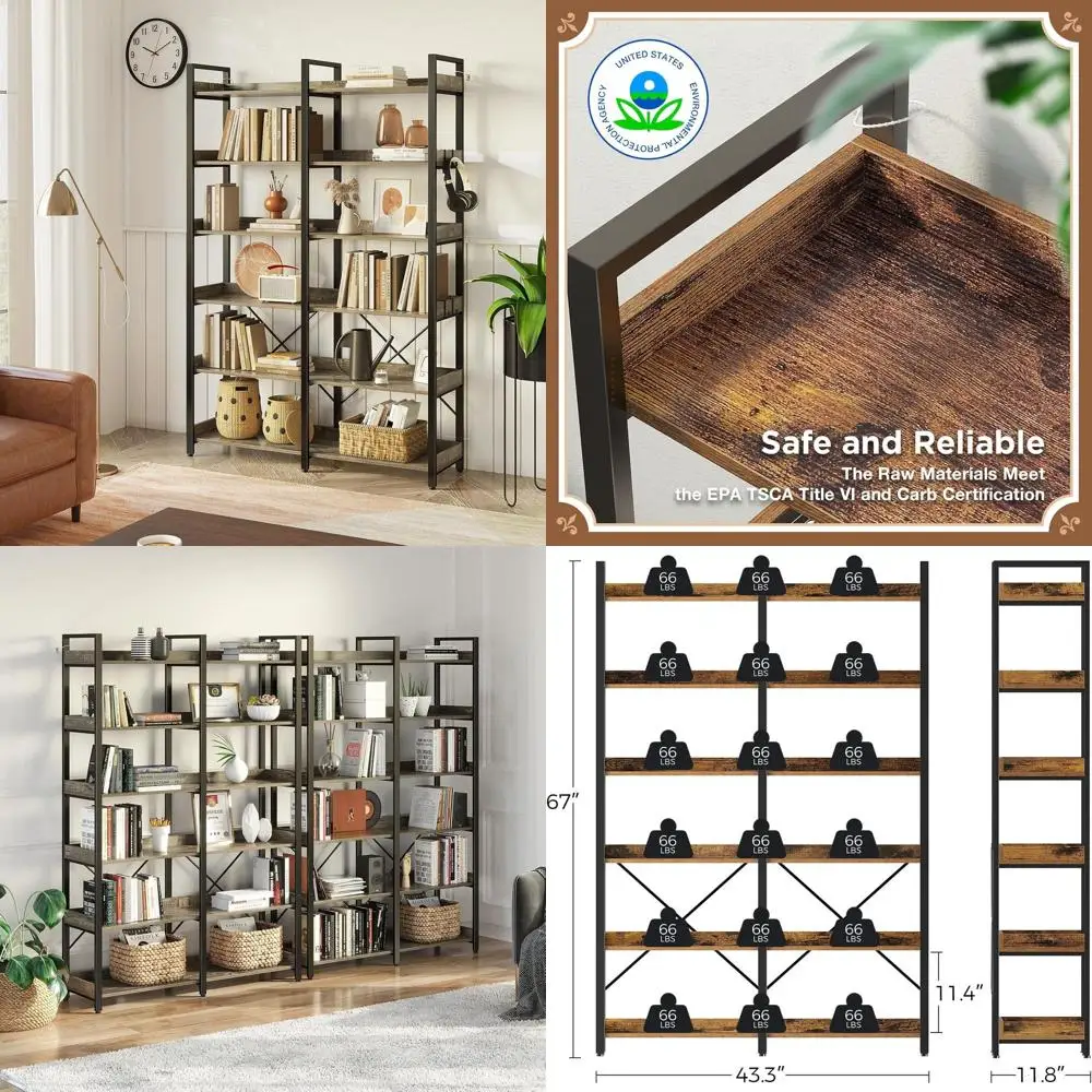 

67 Rustic Industrial 6-Tier Bookshelf with Metal Frame and 4 Hooks, Vintage Wooden Storage Display Rack, 43.3 Wide, Brown