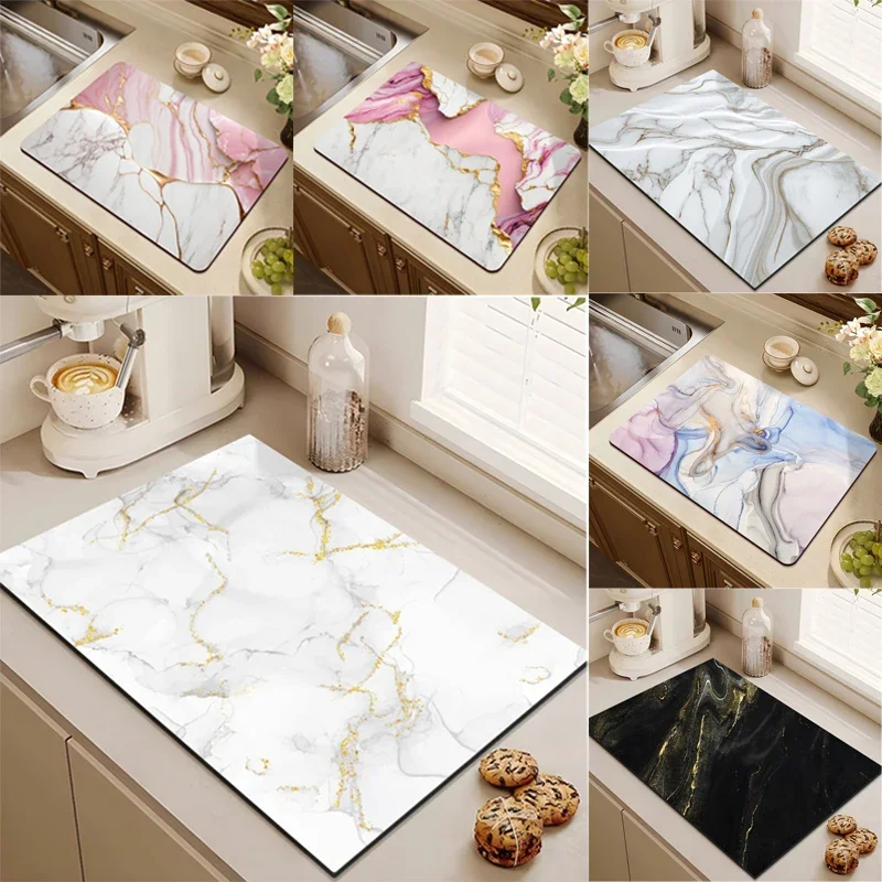 Marble Printed Ktichen Dish Drying Mat Non Slip Super Absorbent Home Room Entrance Door Rug Decor Tableware Drain Pad Washable