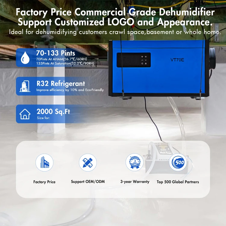 Preair R32 115V 70 Pints Crawl Space غرفة الطابق السفلي مزيل الرطوبة المنزل