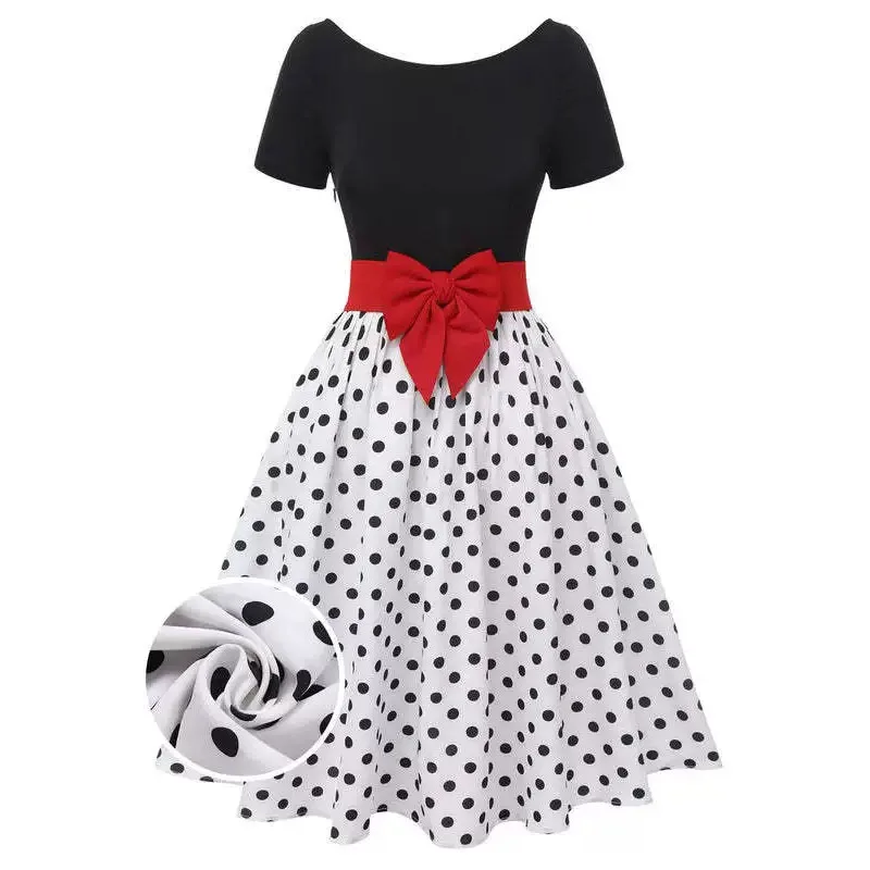 Retro Polka Dot Kleid Damen Kurzarm Hochgeschnittenes Elegantes Bedrucktes Modekleid mit Schleifengürtel