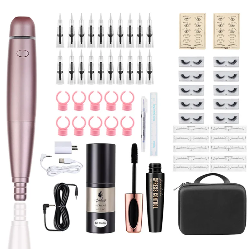 

Supply Pink Eyebrow Tattoo Kit Semi-Permanent Makeup Electric Tattoo Rotary Pen Power Supply Ink Set With Mascara For Beginner