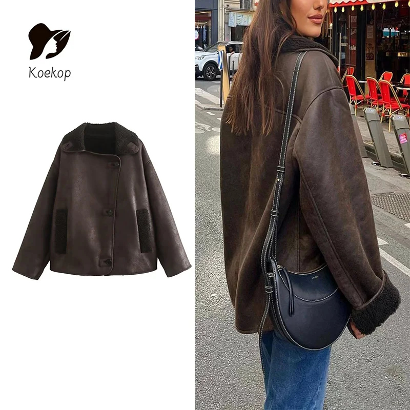 Koekop Women's Fashion Solid Color Asymmetric Reversible Plush Jacket Vintage Casual Temperament Chic Lady Jacket Top Coat