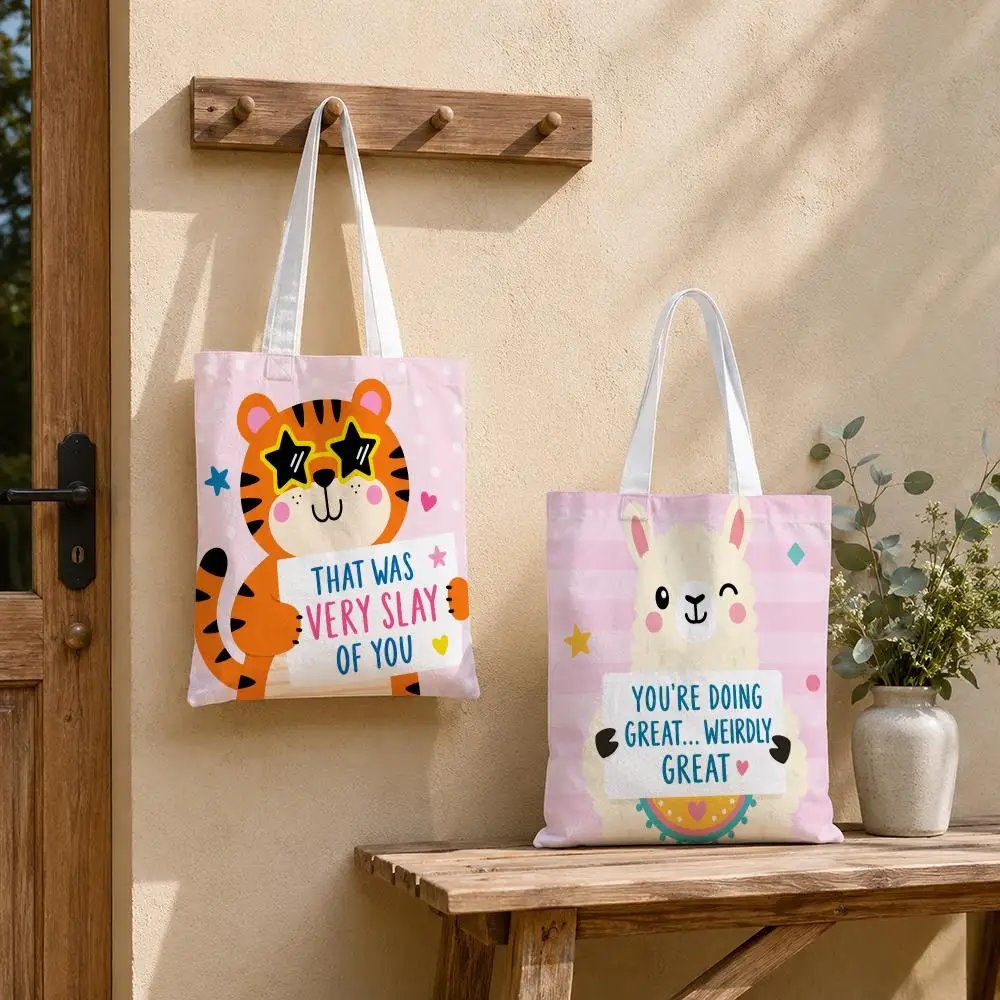 Cute Animal Affirmations Storage Bags Tote Bag Reusable Shoulder Shopping Foldable For School Work Travel Daily Use