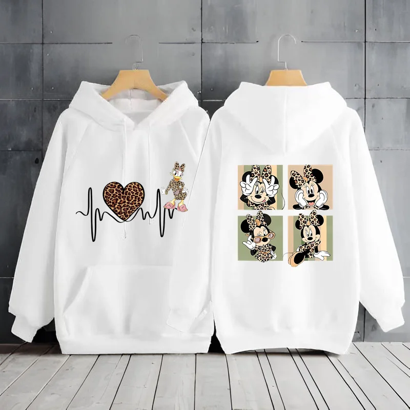 Disney Minnie Mouse Leopard Heartbeat Hoodie Y2k Clothes Long Sleeve Women\'s Sweatshirts Hooded Shirt Women\'s Sweater Hoodie