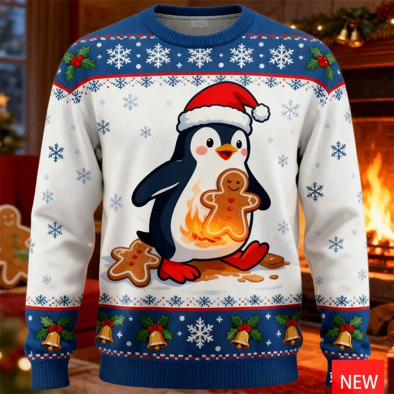 เสื้อสเวตเตอร์คริสต์มาสลายเพนกวินพิมพ์ 3 มิติ สำหรับผู้ชาย เสื้อสวมหัวสำหรับวันหยุดคริสต์มาส เสื้อคอกลมผู้ชาย