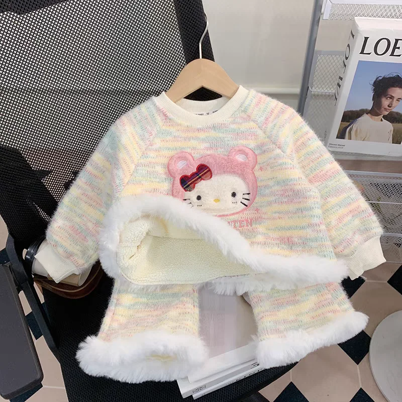

Spring Autumn Hello Kitty Anime Kawaii Sanrio New Children Soft Warm Hoodie Cute Baby Thickened Two-piece Set Clothes Gifts
