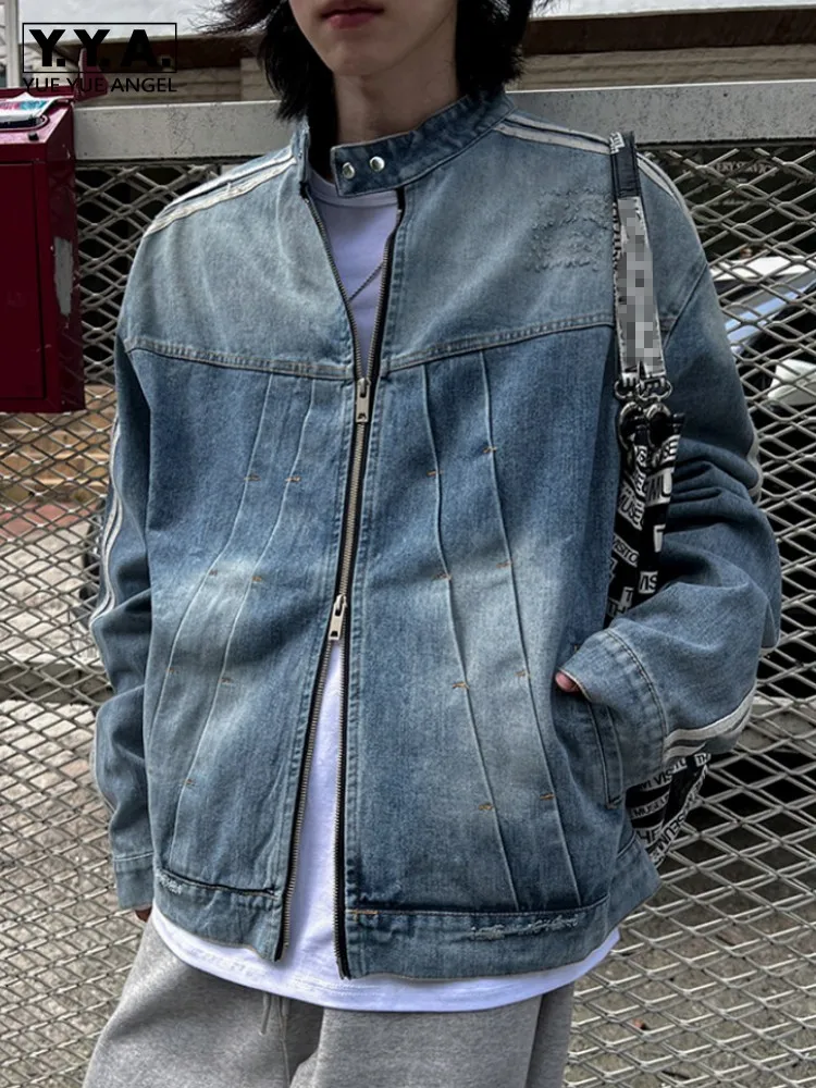 

Fashion Mens Vintage Denim Jacket Stand Collar Loose Fit Casual Cowboy Coat Streetwear Zipper Spring Autumn Outerwear Jackets