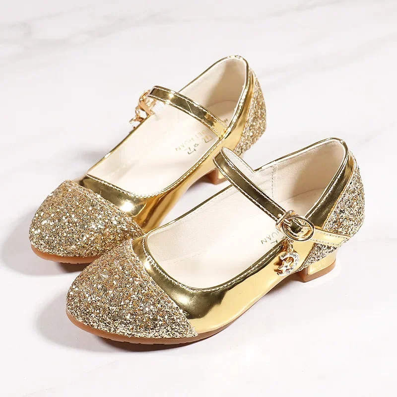 Children Summer High Heeled Princess Shoes Silver Korean Version Leather Shoes Children Dance Shoes Buckle Sequined Lacquer