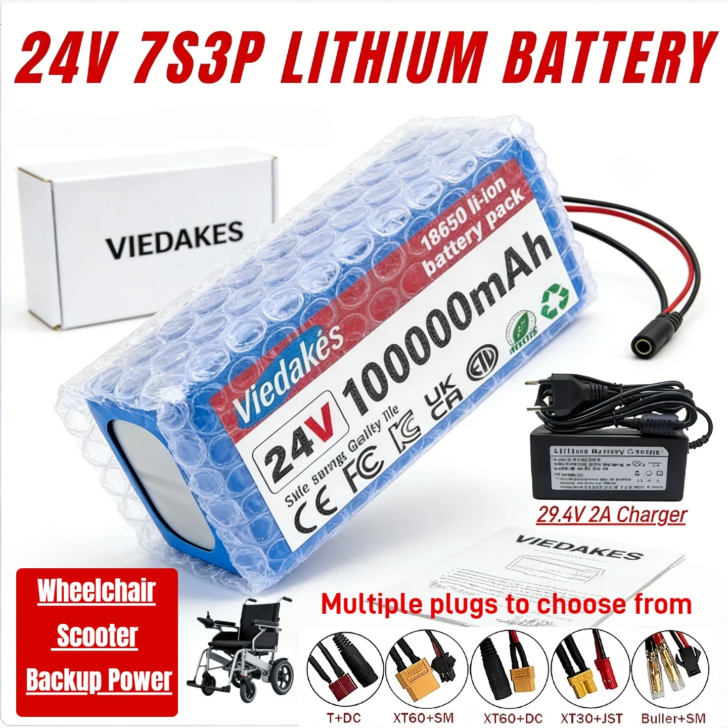 Durable 7s3p Battery 24V 100Ah Rechargeable 18650 Lithium Battery Pack with 29.4V 2A Charger for Electric Wheelchair Scooter
