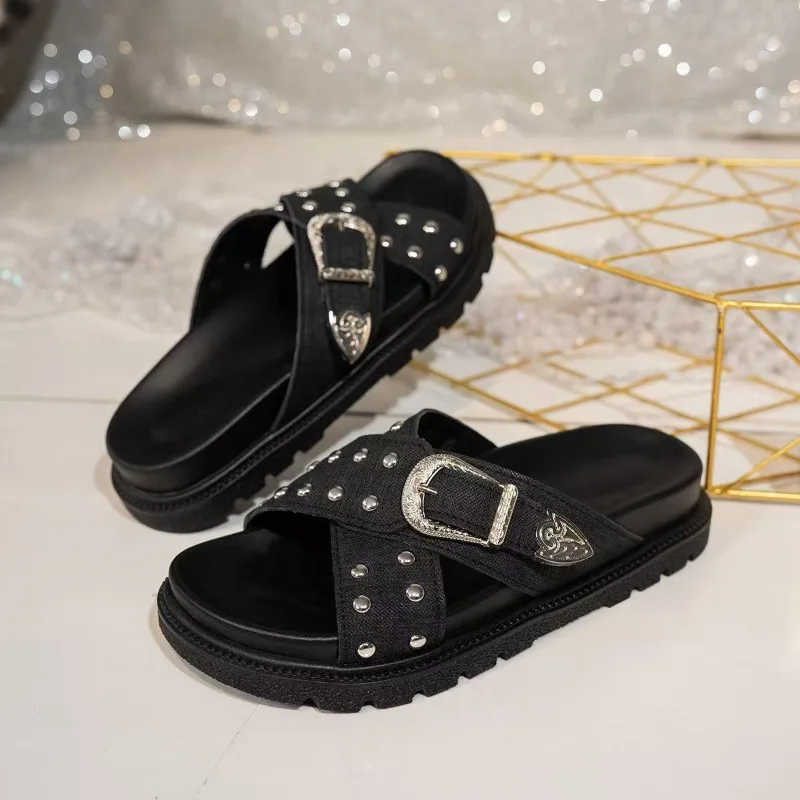 

Модные уличные противоскользящие тапочки на мягкой подошве для женщин, летние сандалии на плоской подошве больших размеров 2025, сандалии на толстой подошве