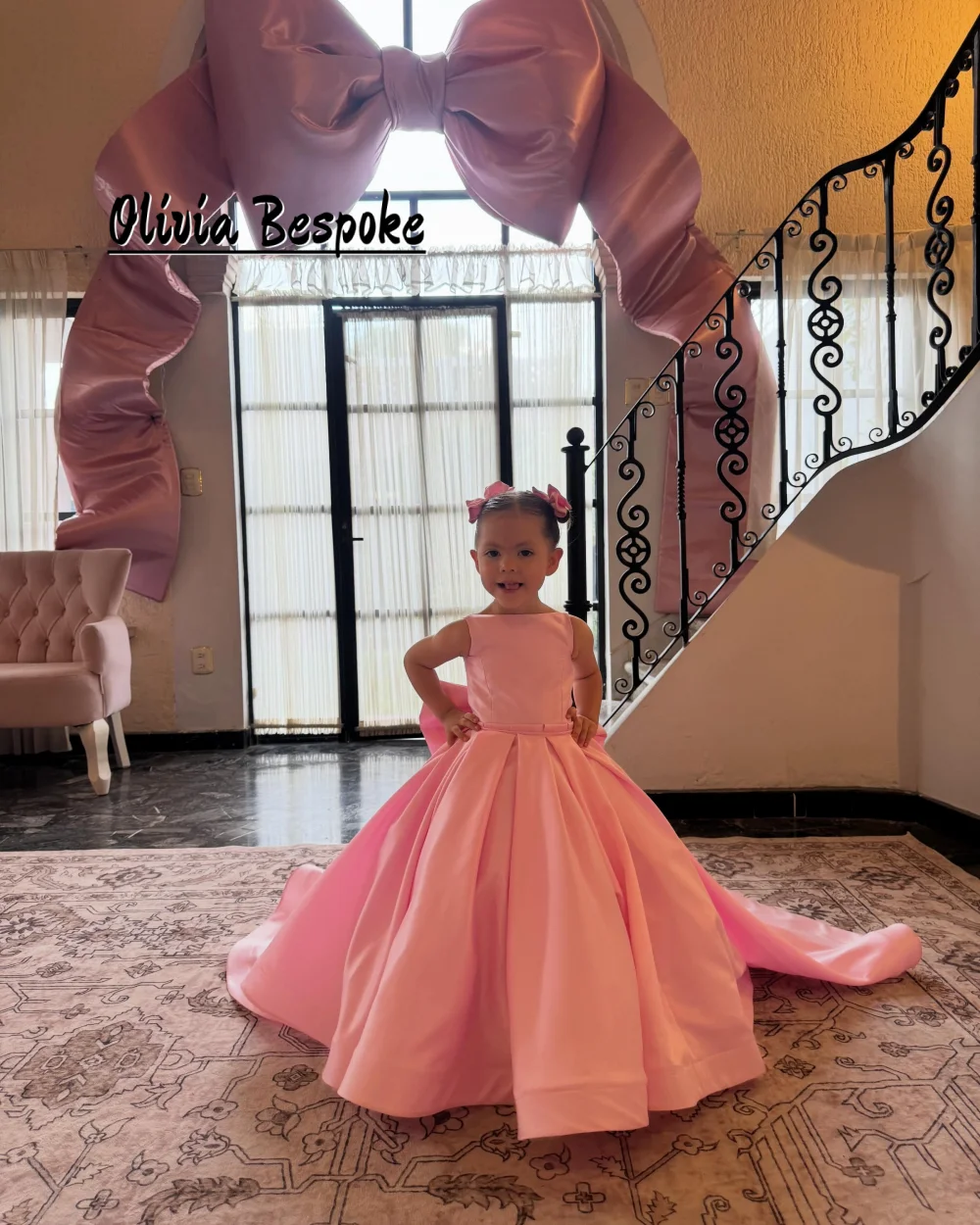 Cute Pink Satin Flower Girls Dresses For Wedding Party With Bow Kid's Birthday Dress Princess Prom Dress Customized