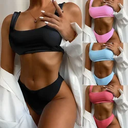 Seksowna moda damska wysokiej talii Pure Color push-up usztywniany strój kąpielowy kostiumy kąpielowe dwuczęściowe bikini