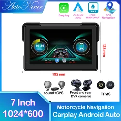 7 Inch FOR Motorcycle Carplay Waterproof WiFi Wireless Android-Auto Dual DVR Monitor Dash Cam GPS Navigation TPMS portable