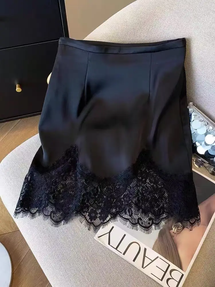 Silky Satin Lace High Waist Women's  Skirt Slimming Drapey A-Line Short Skirt for Summer Trendy Commute Style Loose Fit