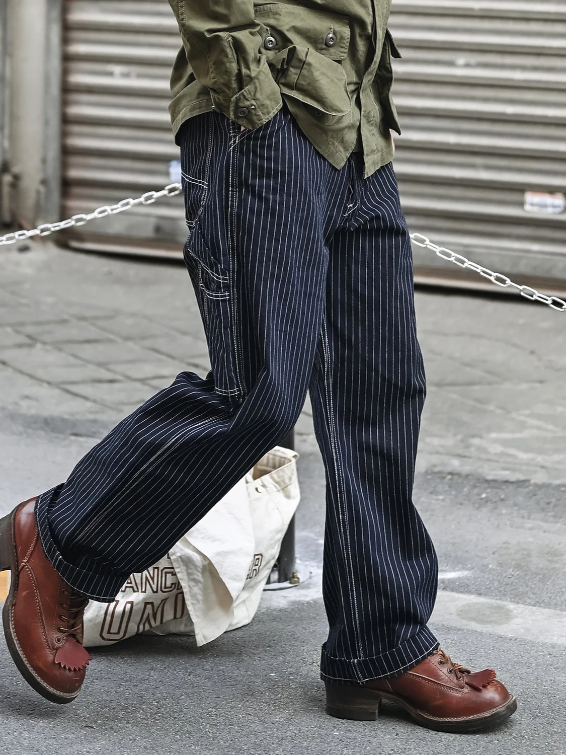 Qingtian ملابس العمل الدنيم الأمريكية الرجعية الجينز الأزرق الرجال Ami الكاكي مستقيم مخطط السكك الحديدية بنطلون الربيع والخريف #2