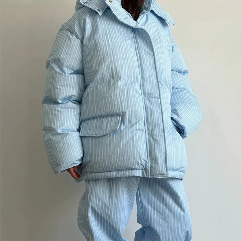 Elegant Women Vertical Stripe Print Hooded Padded Coat Oversized Drawstring Warm Winter Loose Puffer Coat Jacket Outerwear