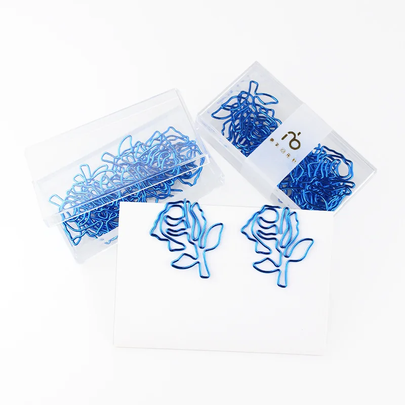 8pcs/box Creative Blue Rose Flower Shape Memo Clips Electroplated Metal Index Bookmark For Papers, Books