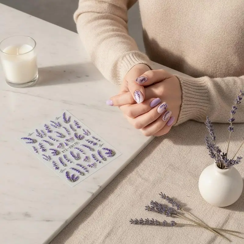 5D Embossed Elegant Lavender Flowers Nail Stickers Bright Florals Adhesive Nail Decals Spring Summer Petals Nail Access