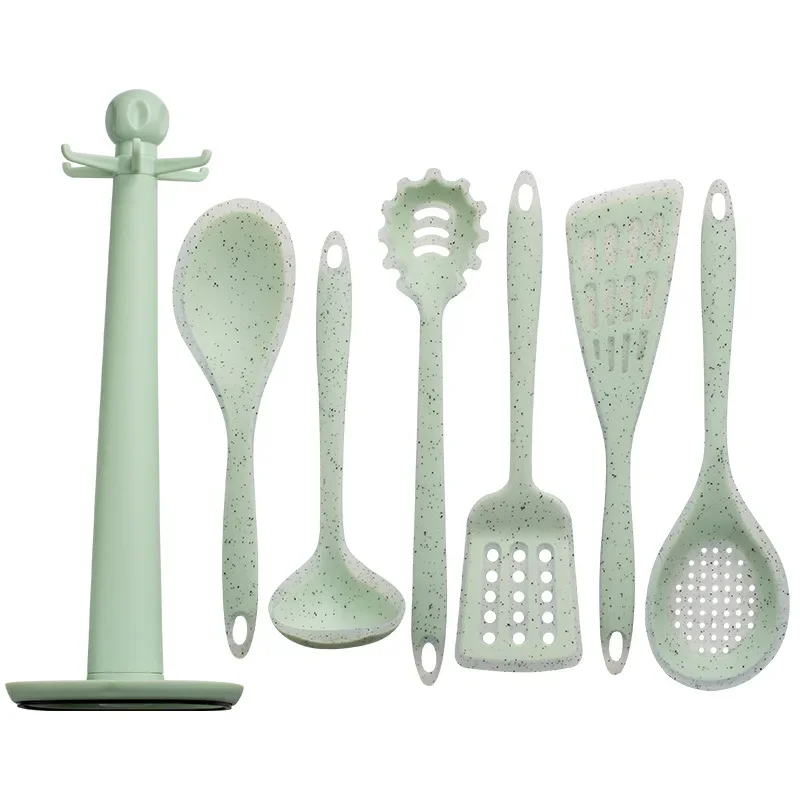 7Pcs Set of Multi-color Silicone Wooden Handle Kitchenware Set Non Stick Pot Spatula and Spoon Cooking Utensils Heat-resistant