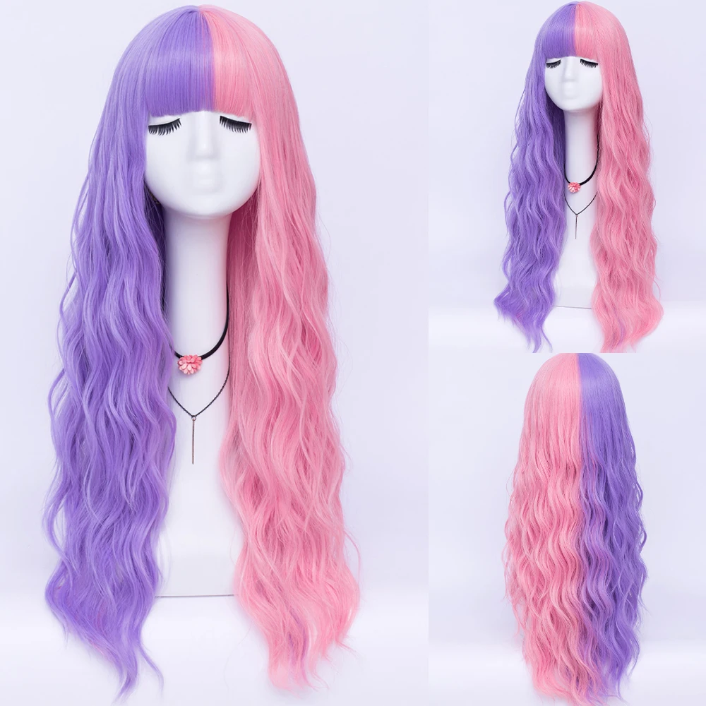 Purple Pink Synthetic Wavy Layered Wig with Bangs Fluffy Anime Game Cosplay Women Wig for Daily Party