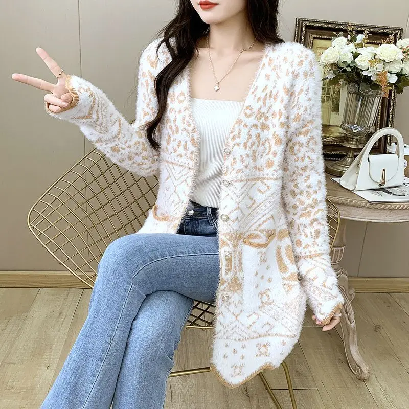

Women Medium and Long Button Autumn Knitted Cardigan V-neck Jacket Female Loose 2025 New Lazy Jacquard Long-sleeved Sweater