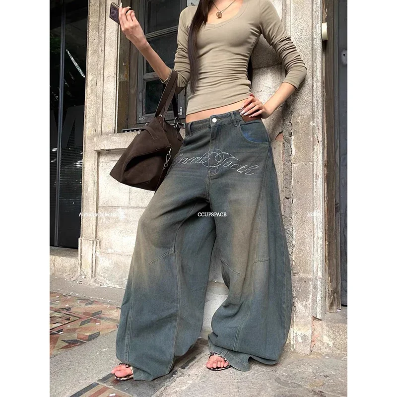 女性ヴィンテージブルー Y2k バギージーンズストリート原宿ボーイフレンドデニムパンツ美的 2000 年代パンツオーバーサイズ服