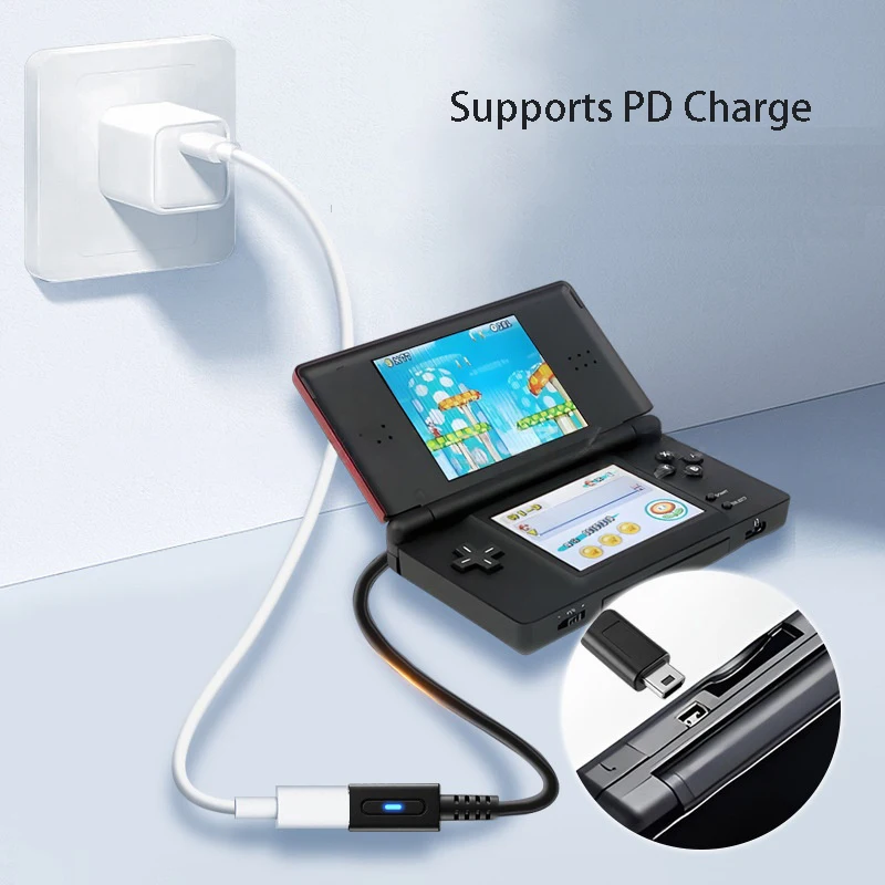 

USB C Female Plug to NDSL Plug Convert Cable PD Charging Cable for Nintendo DS Lite Power Supply Cord with Instruct Light