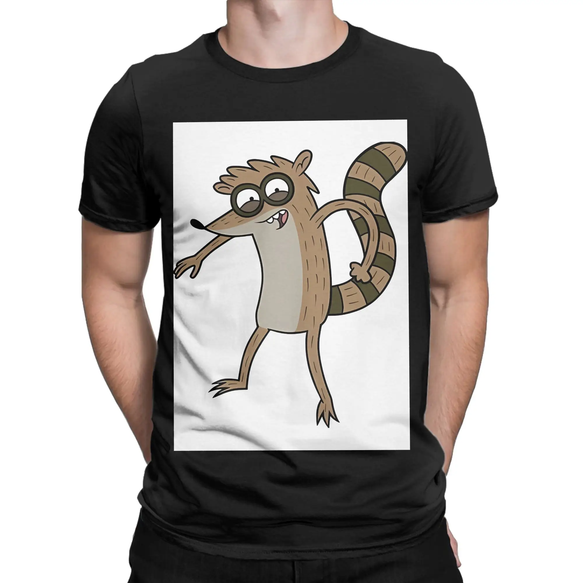 rRegular Show Rigby white poster Funny Graphic 100% Cotton T-Shirt rRegular Show Tees Tops For Men
