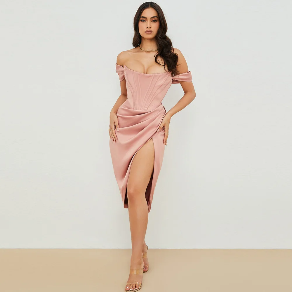 

High Quality Satin Women 2021 Pink Off Shoulder Sexy Party Bodycon Celebrity Evening Club Dress Lined