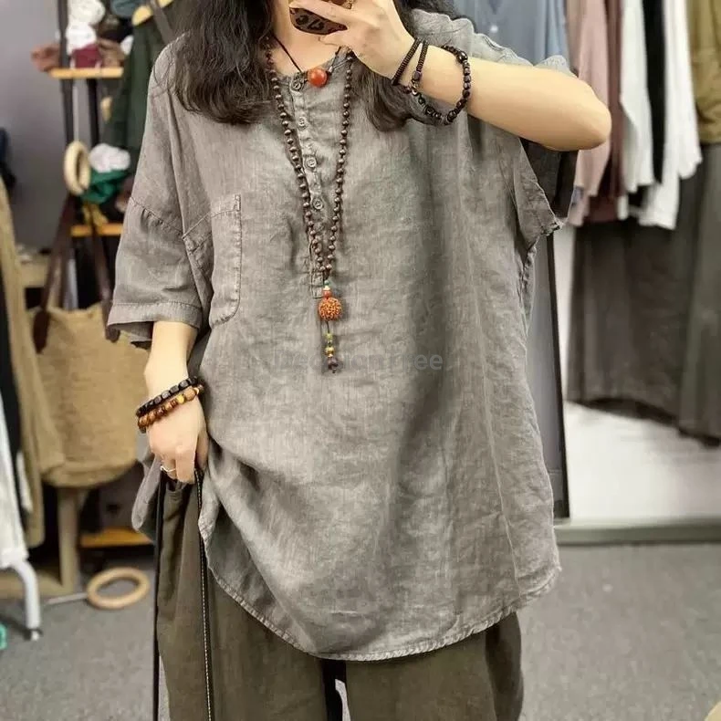 

2025 solid color literature art cotton linen top vintage zen chinese women's blouse summer loose thin comfortable hemp blouse