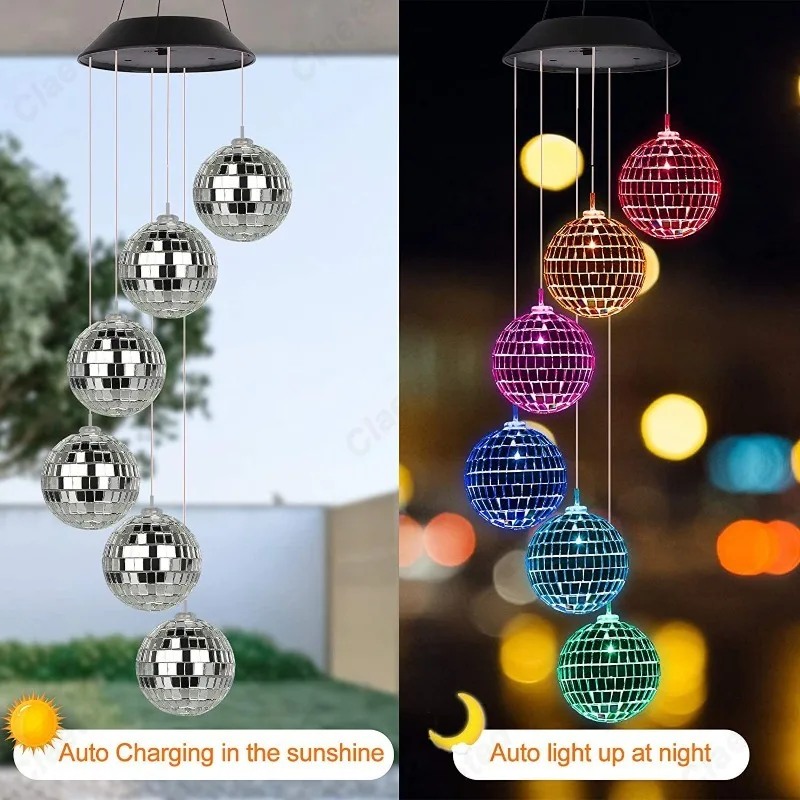 LED Solar Disco Ball Mosaic Wind Chime Light Courtyard Landscape Garden Balcony Atmosphere Decorative Lighting Fixtures
