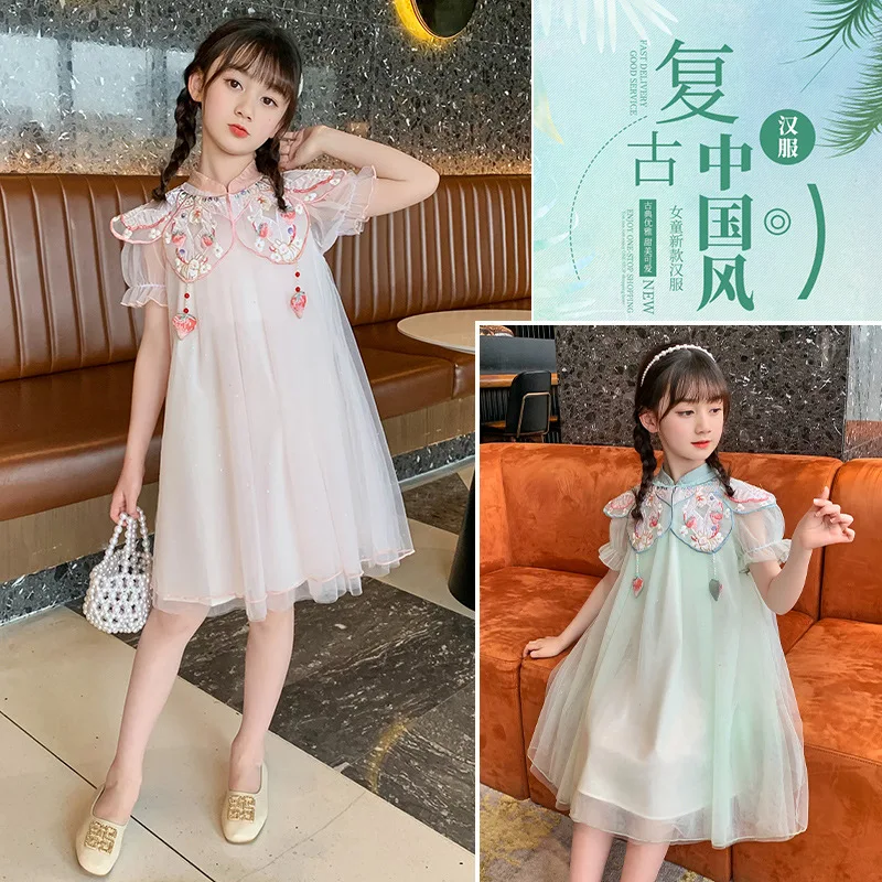 Anak Perempuan Cheongsam Musim Panas Baru Lengan Pendek Anak-anak Ditingkatkan Hanfu Gaya Cina Kecil dan Menengah Ukuran Bayi Perempuan Lengan Pendek