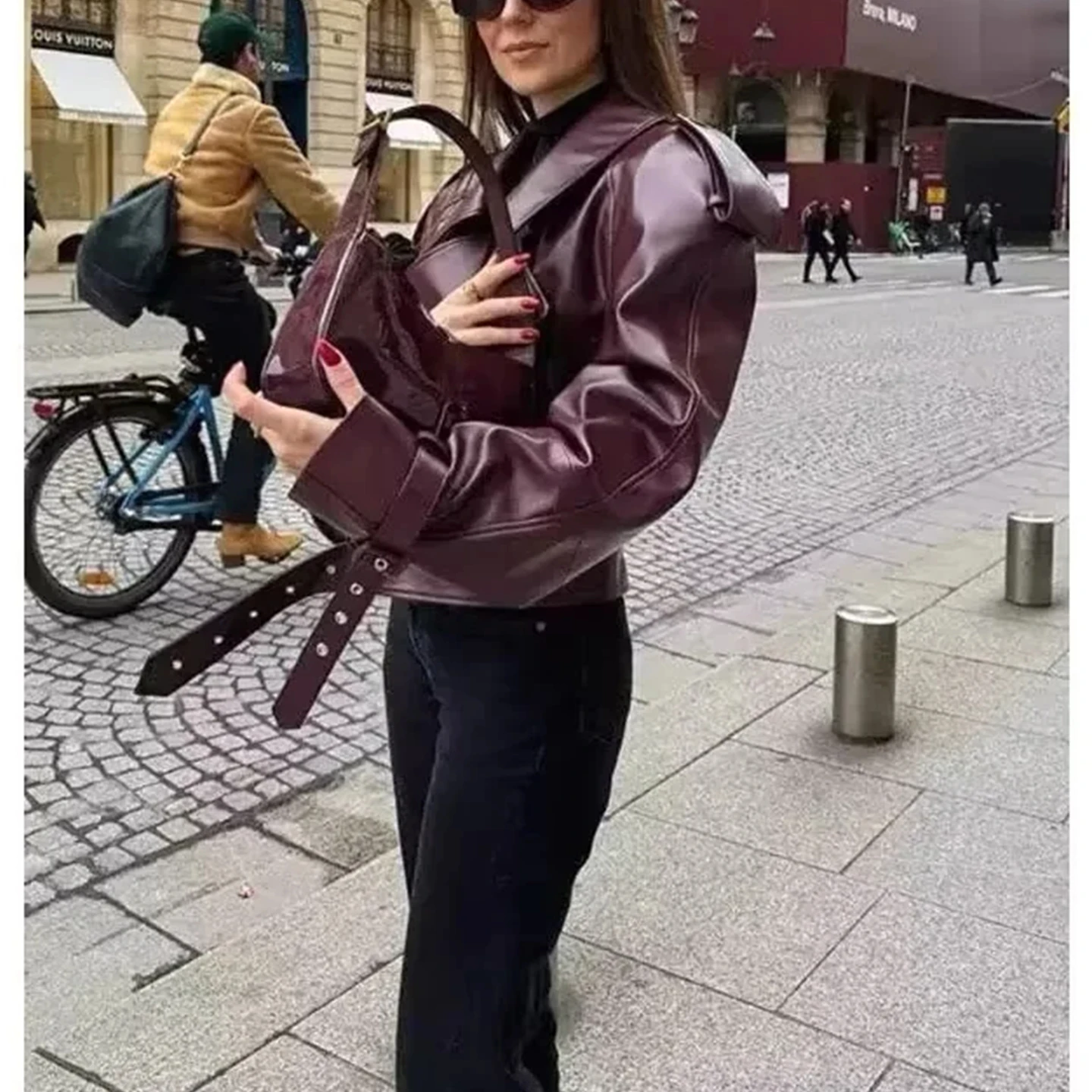 Hiver nouveau femmes coupe ample Biker Sle Long Sve col montant en cuir PU ort Jaet manteau fonctionnel Faion vêtements pour dames