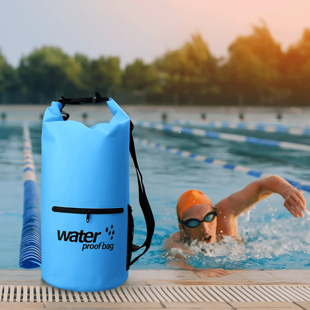 

Zipper Pocket Waterproof Dry Bag Thickened Material Mesh Pocket Storage Backpack Waterproof Design Roll-Top Closure