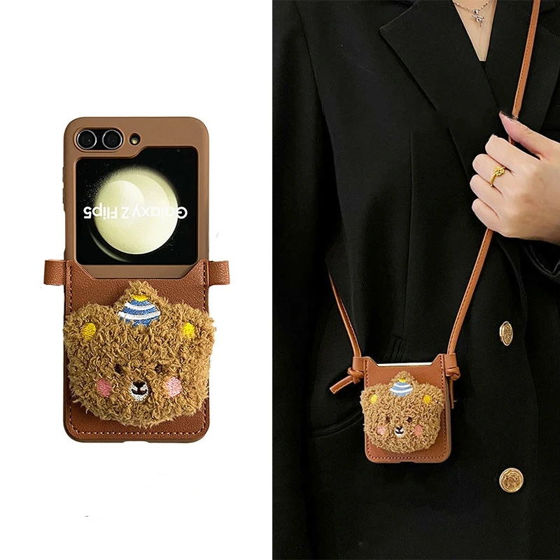 Korean Luxury Kawaii Cartoon Crossbody Lanyard Bear Card Holder Case For Samsung Galaxy Z Flip5 4 3 5G Z Flip4 Zflip5 Back Cover