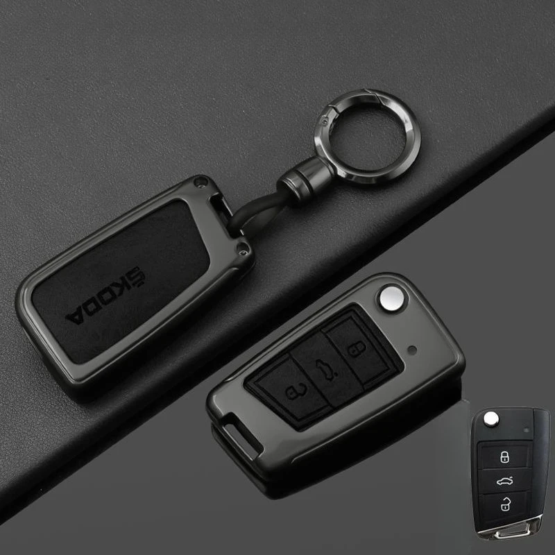 

Car Key Case Cover for Skoda Kamiq Metal Leather Key Folding Shell Holder Keyless Protector Cover Keychain Car Accessories